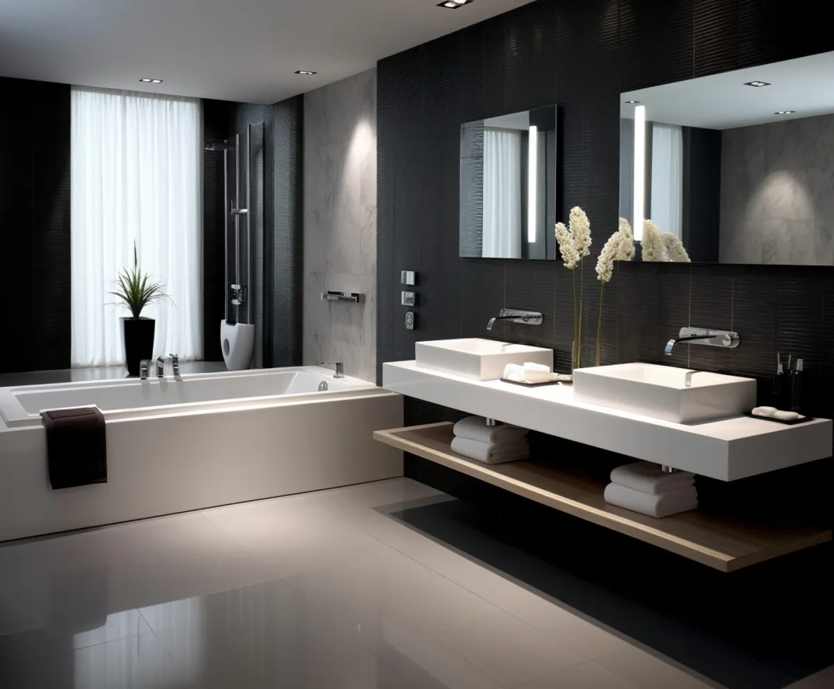 Bathroom & Laundry Renovations Illawarra featuring a modern bathroom with bathtub, double vanity, black feature tiles and sleek lighting